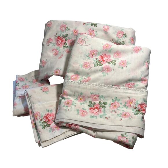Vintage Wabasso Full Sheet Set Pink Floral & Lace Trim Country Cottagecore - Picture 1 of 5
